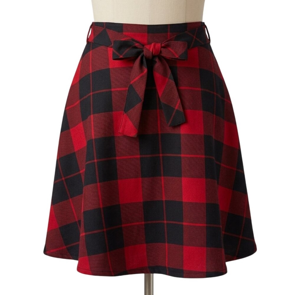 ICÔNE - RED Elegant Midi Checkered Skirt with Flared Hem and Pockets - XL